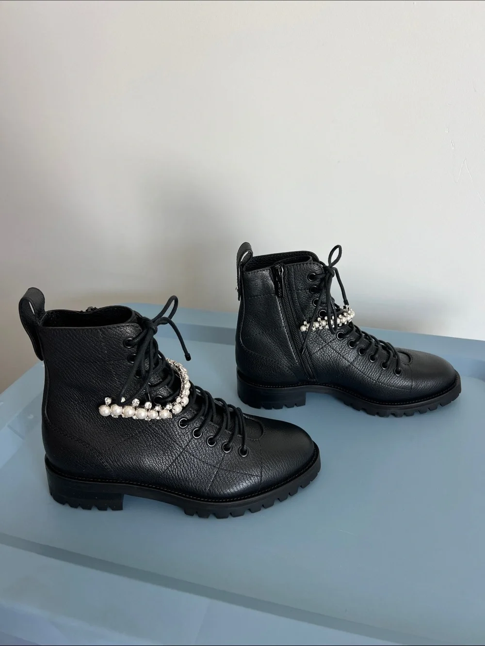 Jimmy Choo cruz crystal faux pearl embellished strap lace-up black leather boots